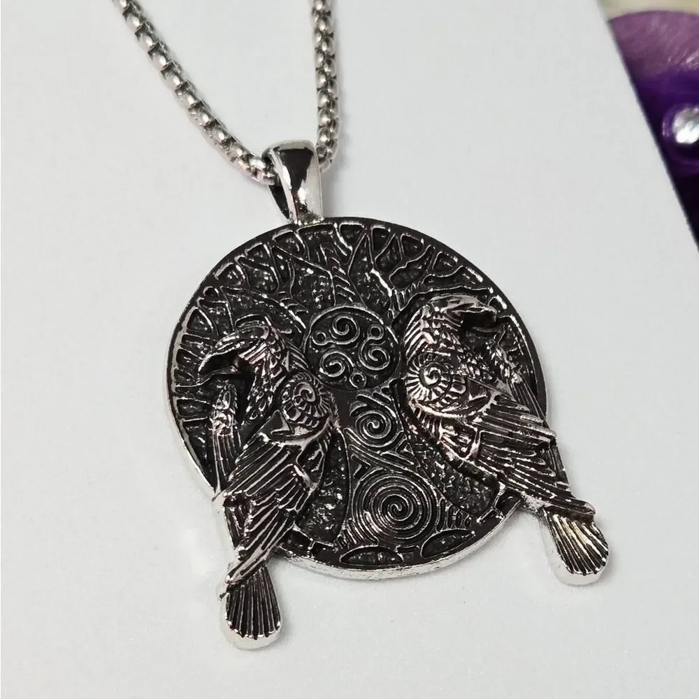 Tree of Life Raven Necklace Odin Huginn & Muninn Viking Crow Medieval Medallion